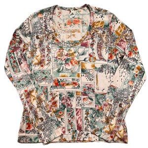 Rare 1970s vintage floral flowers print art nouveau long sleeve top geometric